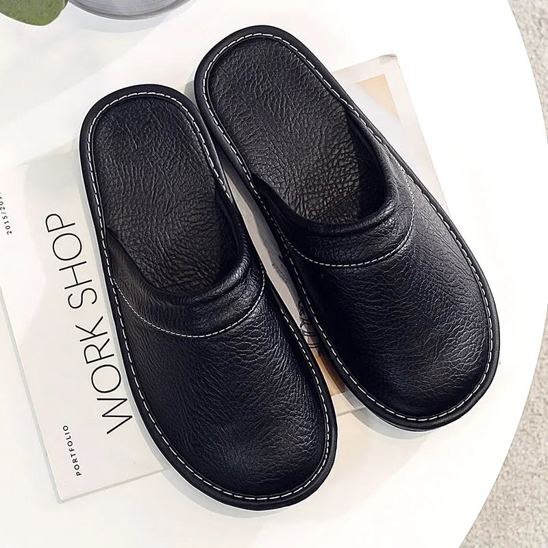 Lorilury Non-Slip Waterproof Indoor Leather Slippers Men Women Indoor Slippers Axl Black CN43-44