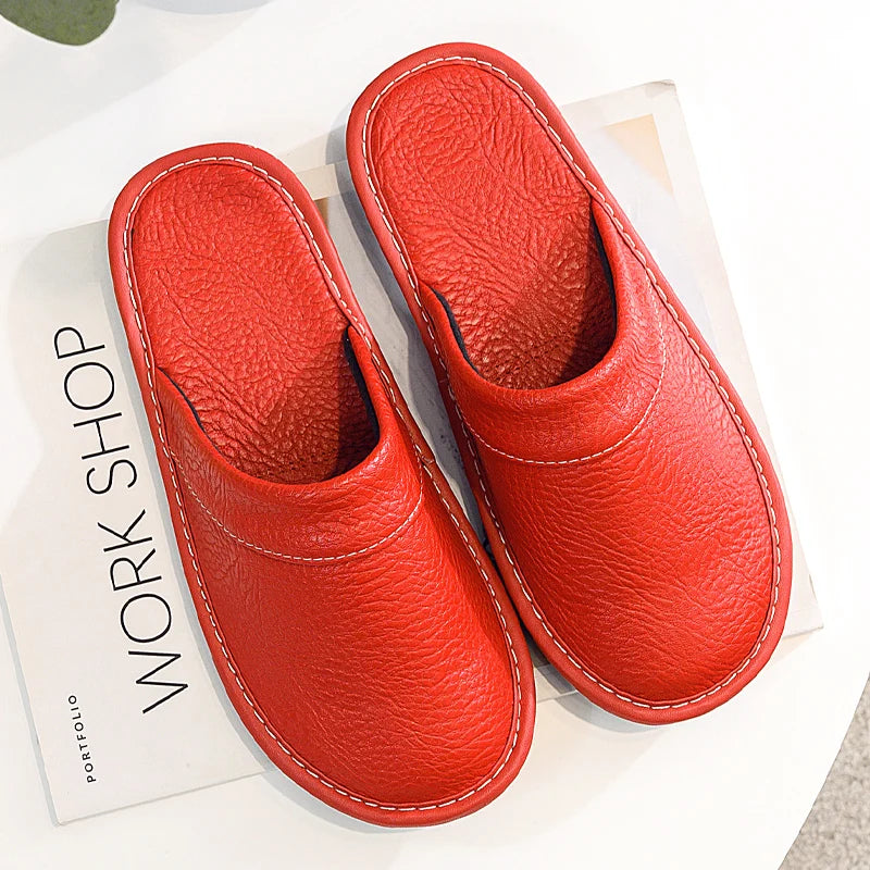 Lorilury Non-Slip Waterproof Indoor Leather Slippers Men Women Indoor Slippers Axl Red CN43-44