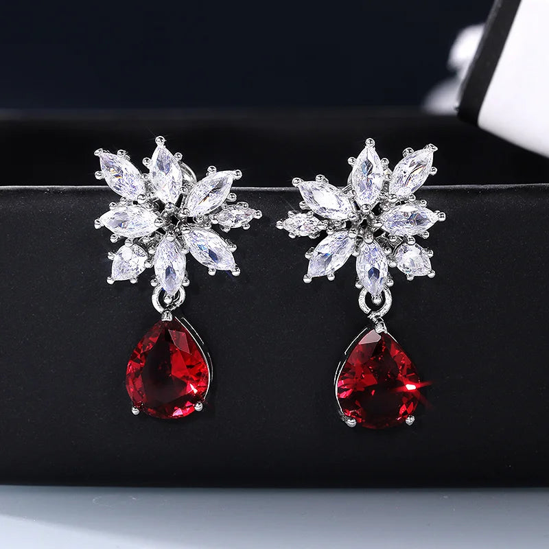 Huitan Red CZ Drop Earrings | Women's Crystal Pendant Jewelry Drop Earrings Axl