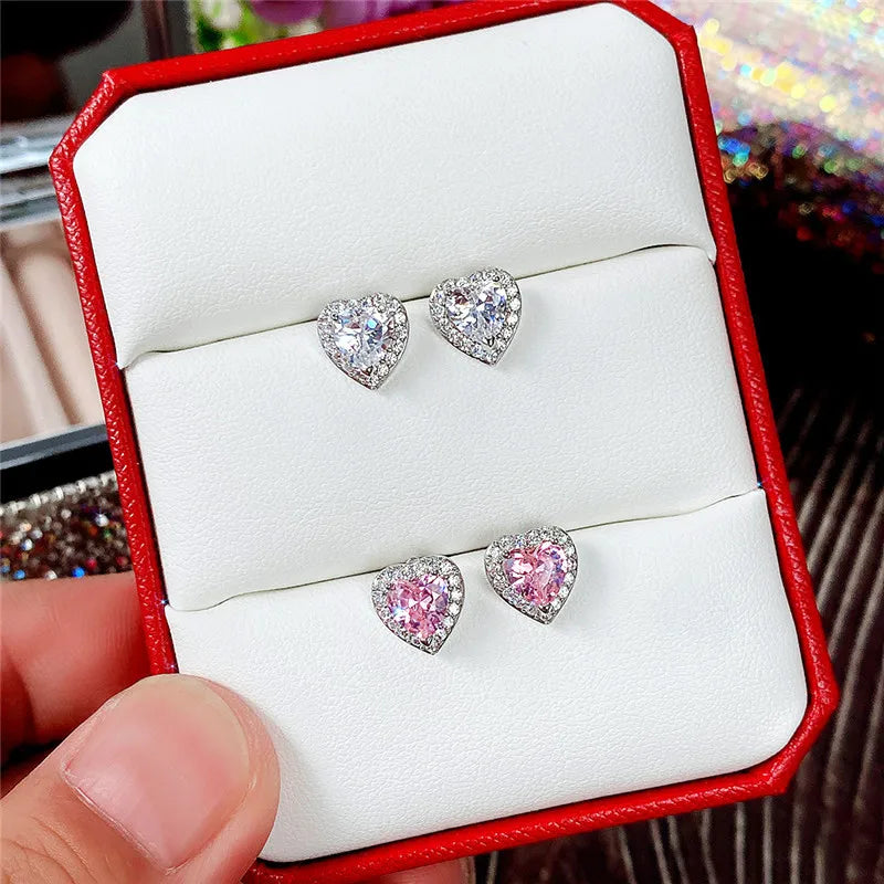Huitan Pink CZ Heart Stud Earrings – Dainty Gift for Women Crystal Stud Earrings Axl
