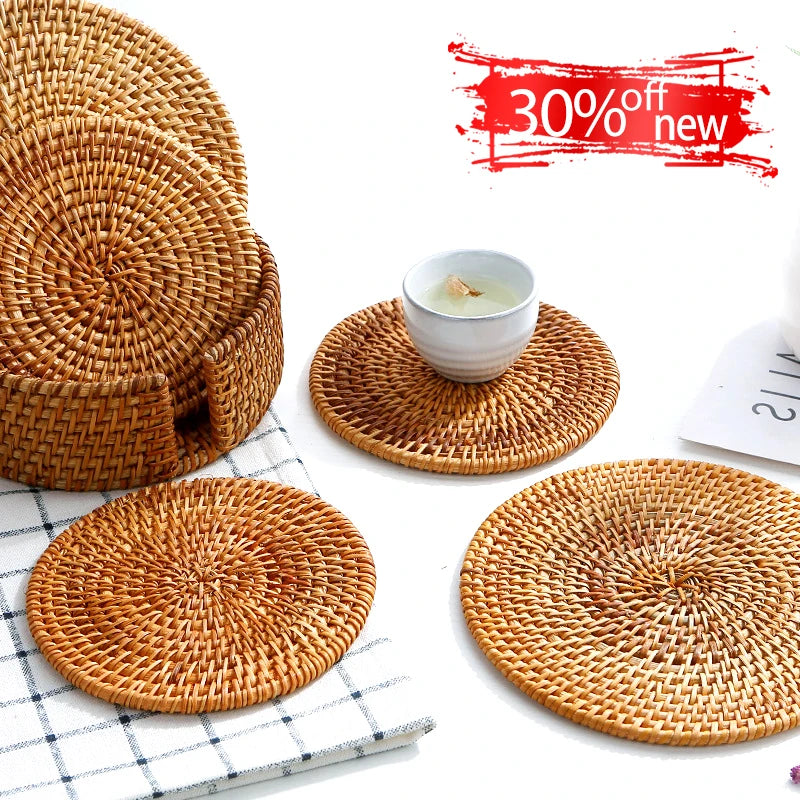 KEMORELA Round Rattan Coaster – Handmade Natural Cup Mat & Placemat Rattan Coaster Axl