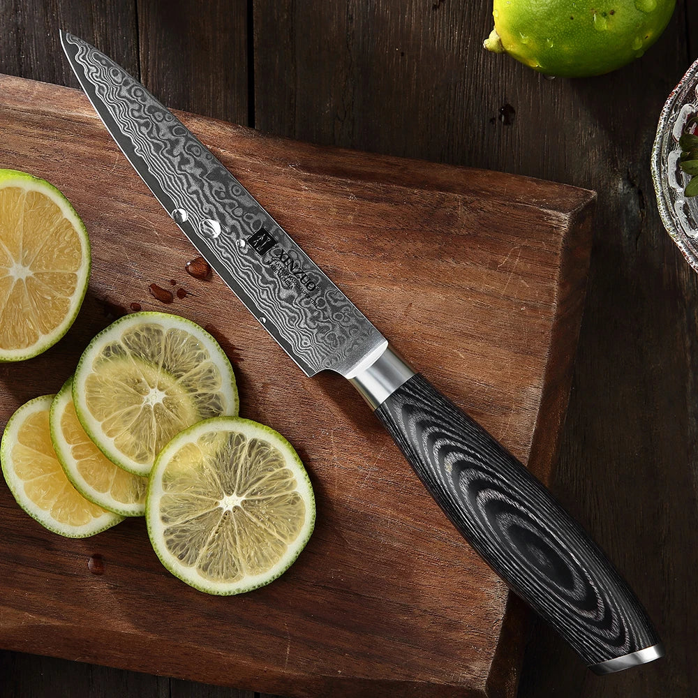 XINZUO 5" Damascus Utility Knife – 67-Layer Pakkawood Handle Damascus Utility Knife Axl