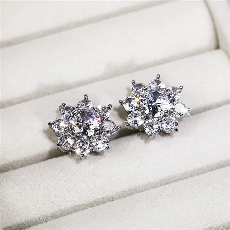 Huitan Crystal Flower Stud Earrings | Cubic Zirconia Women Crystal Stud Earrings Axl