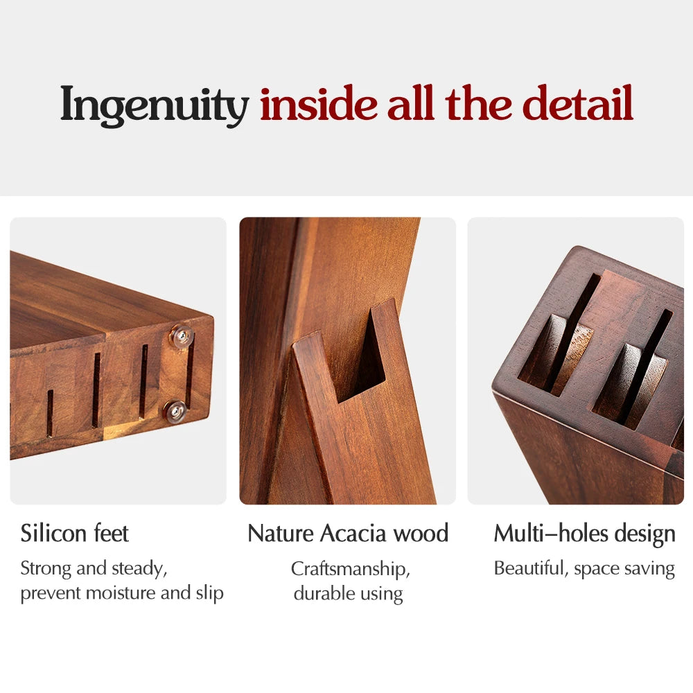 XINZUO Acacia Wood Knife Block – 5-Slot Countertop Holder Wood Knife Block Axl
