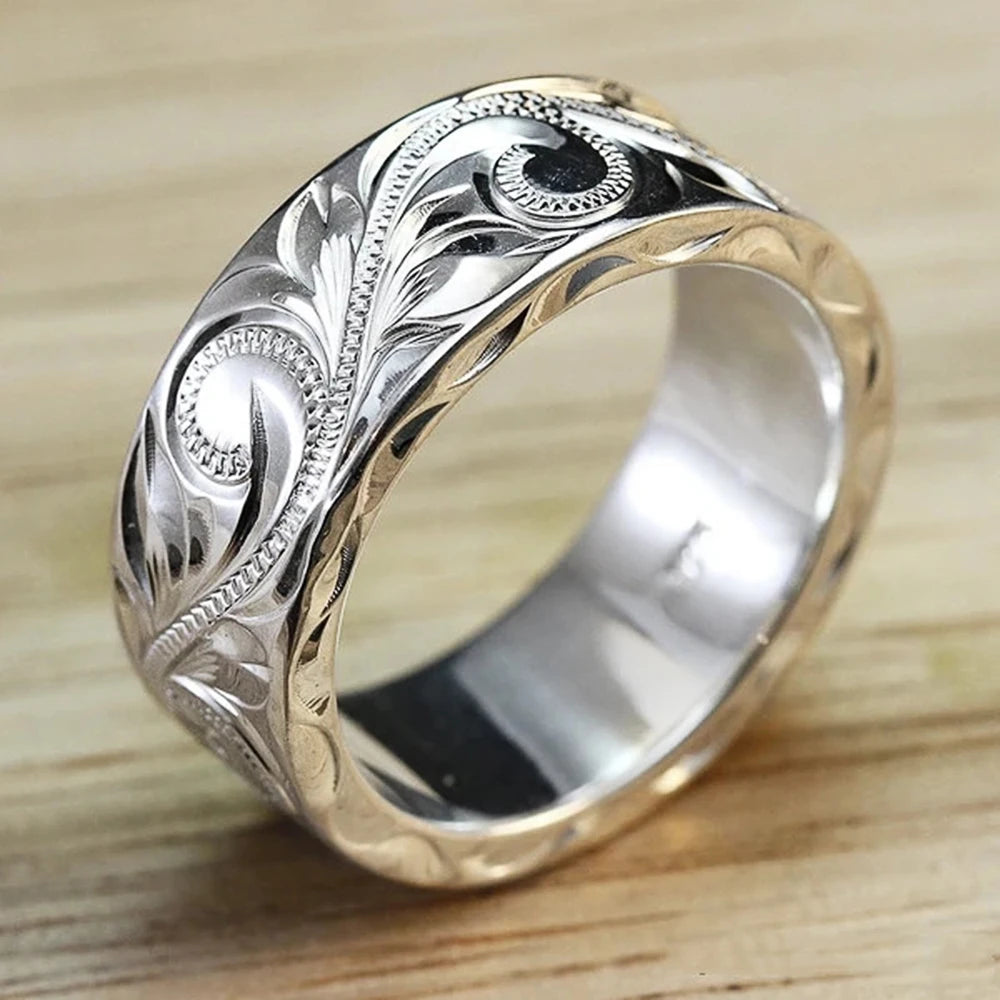 Huitan Carved Couple Rings – Silver Band, Sizes 5–14 | Fashion Fashion Couple Ring Axl F571 Silver Plated 6