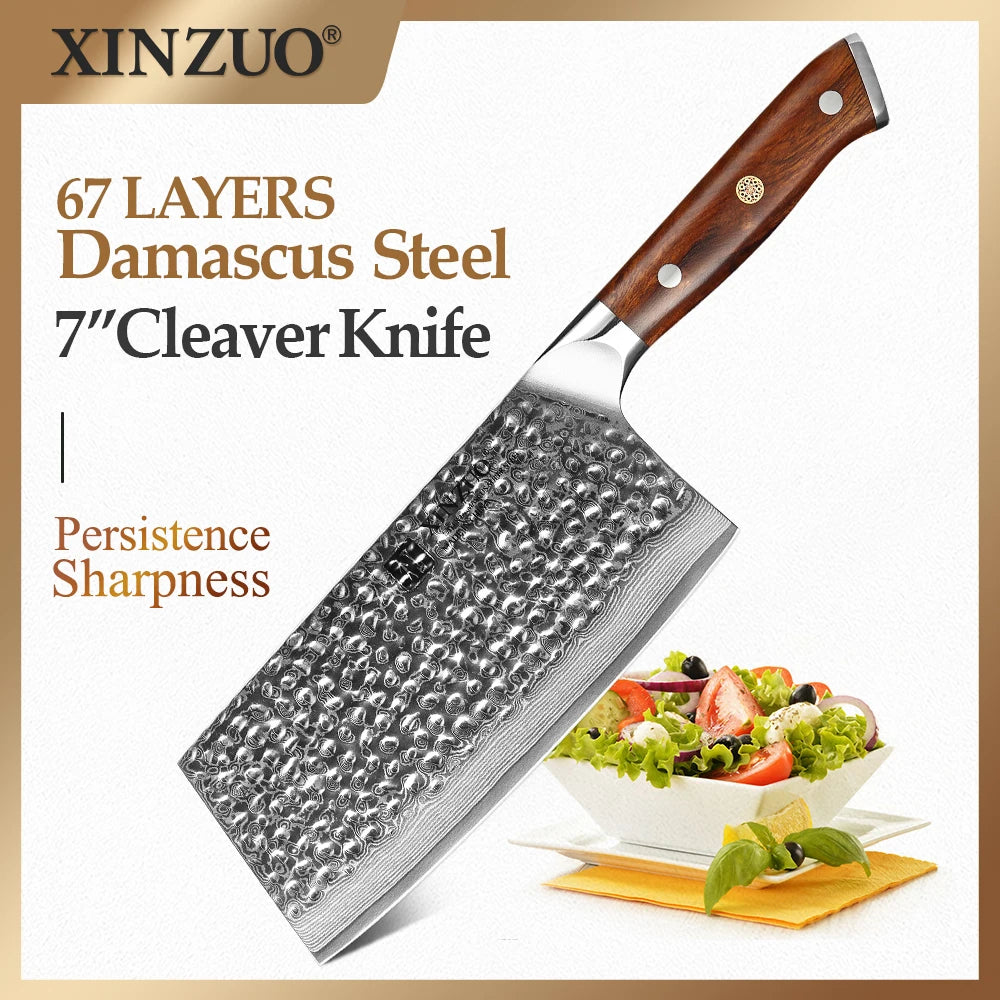 XINZUO 7" Damascus Cleaver Knife – VG10 & Ironwood Handle Damascus Cleaver Knife Axl 7 inch