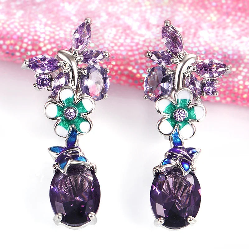 Huitan Purple CZ Dangle Earrings – Bridal & Wedding Jewelry Dangle Earrings Axl