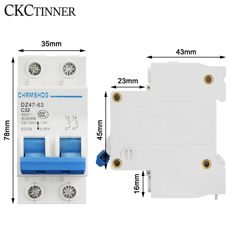 DZ47-63 2-Pole MCB 6A–63A 400V Mini Circuit Breaker DIN Rail Mini Circuit Breaker Axl