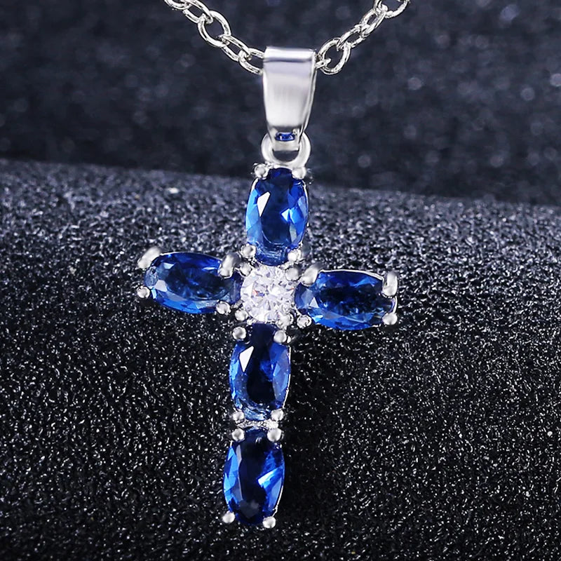 Huitan Blue Stone Cross Pendant Necklace for Women Pendant Necklace Axl