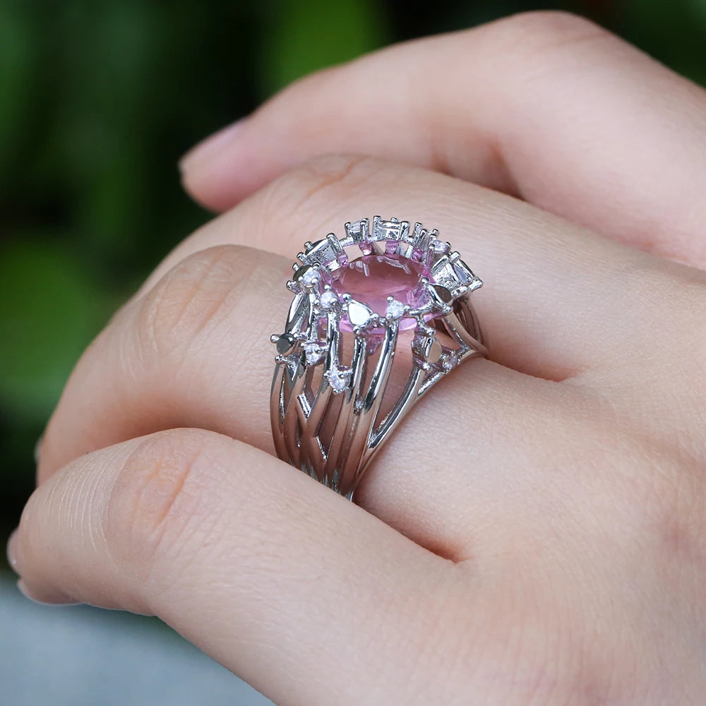 Huitan Pink Stone Twig Band Ring | Women's Fashion Jewelry Fashion Ring Axl