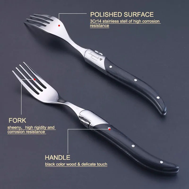 Laguiole-Style Steak Fork Set | Black Wood Handle Stainless Steel Steak Fork Set Axl