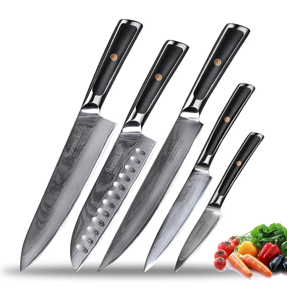 Sunnecko Damascus Steel Chef Knife Set – 73-Layer VG10 1–8pc Damascus Knife Set Axl 5PCS Knife Set A China Mainland