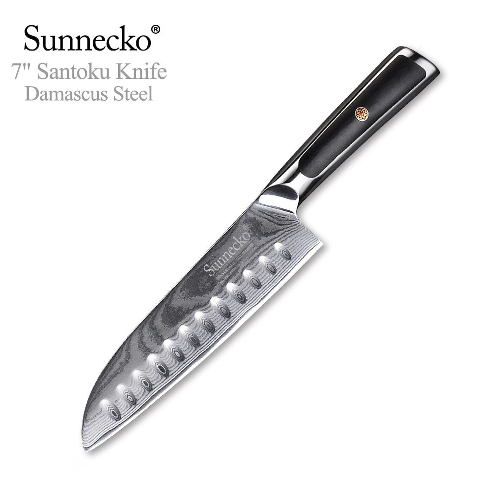 Sunnecko Damascus Steel Chef Knife Set – 73-Layer VG10 1–8pc Damascus Knife Set Axl 7 Inch Santoku Knife China Mainland