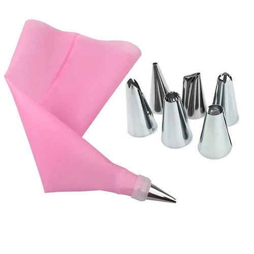 Silicone Piping Bag & 6 Nozzle Cake Decorating Set – 8 Piece Cake Decorating Set Axl PINK