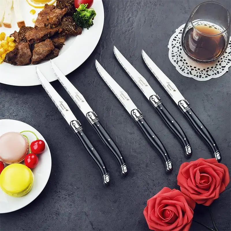 Laguiole-Style Steak Knives Set – 6pc Stainless Steel Black Handle Steak Knife Set Axl