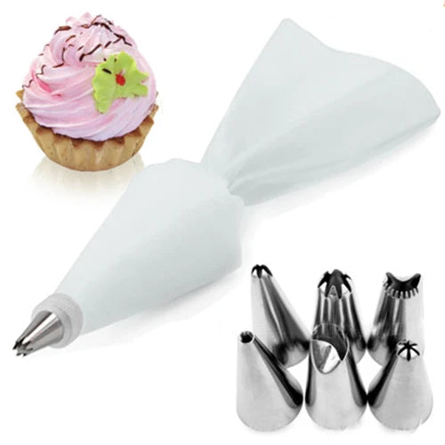 Silicone Piping Bag & 6 Nozzle Cake Decorating Set – 8 Piece Cake Decorating Set Axl WHITE