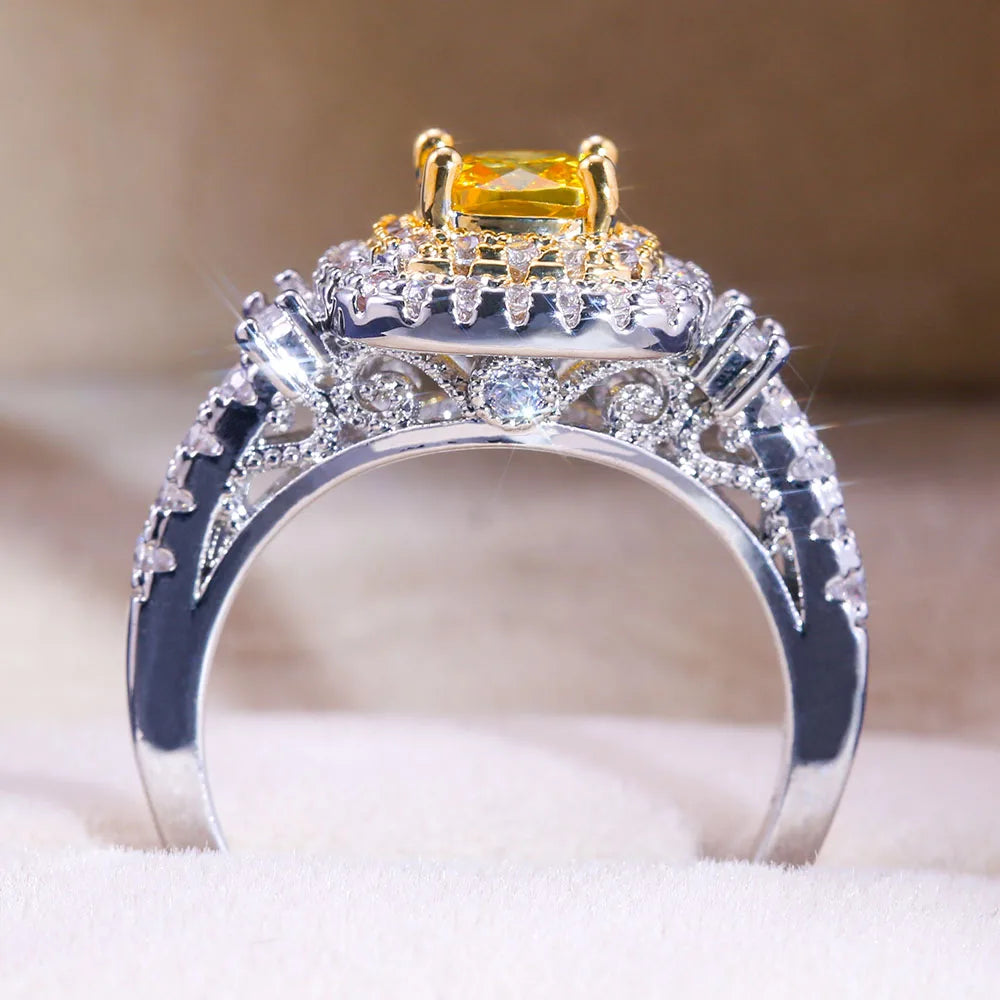 Huitan Yellow Cubic Zirconia Ring – Silver Plated Wedding Band Fashion Ring Axl