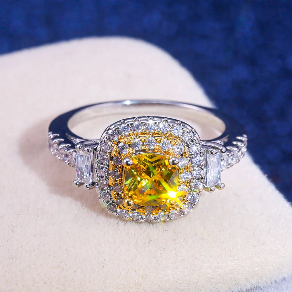 Huitan Yellow Cubic Zirconia Engagement Ring – Silver Plated Fashion Engagement Ring Axl