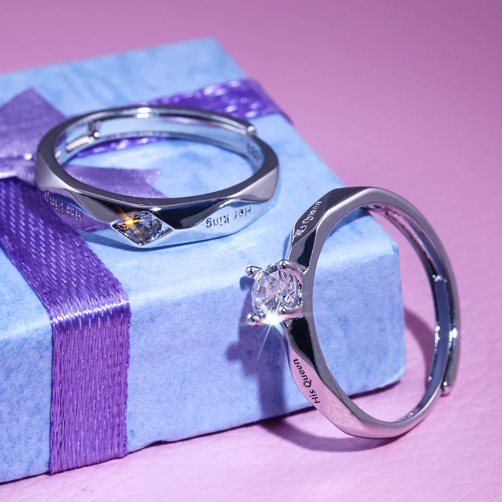 Huitan His King Her Queen Engraved Couple Ring – CZ Wedding Band Couple Wedding Ring Axl