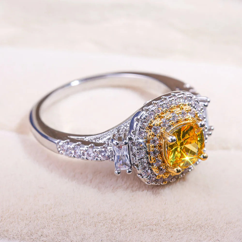 Huitan Yellow Cubic Zirconia Engagement Ring – Silver Plated Fashion Engagement Ring Axl