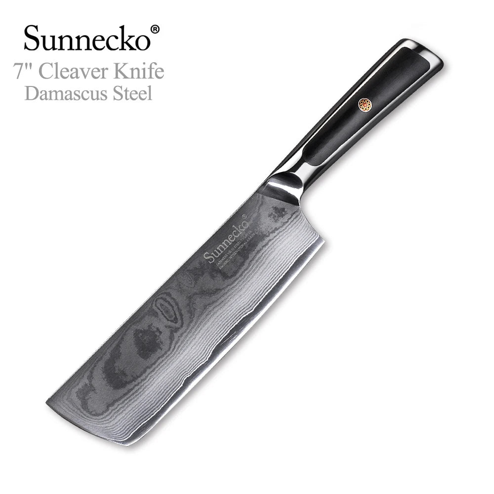 Sunnecko Damascus Steel Chef Knife Set – 73-Layer VG10 1–8pc Damascus Knife Set Axl 7 Inch Nakiri Knife China Mainland