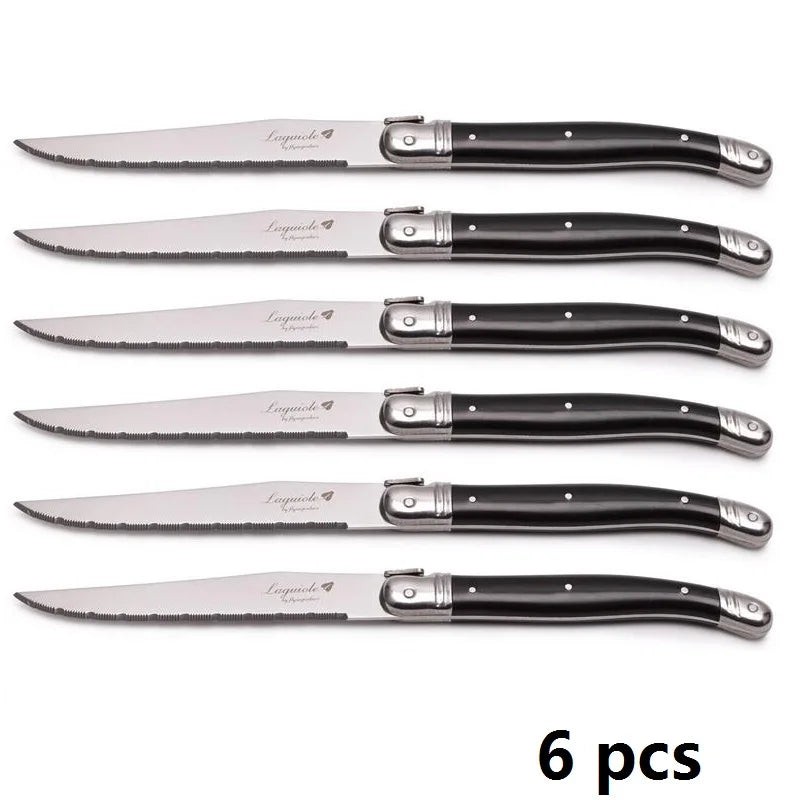 Laguiole-Style Steak Knives Set – 6pc Stainless Steel Black Handle Steak Knife Set Axl 6 pcs knives