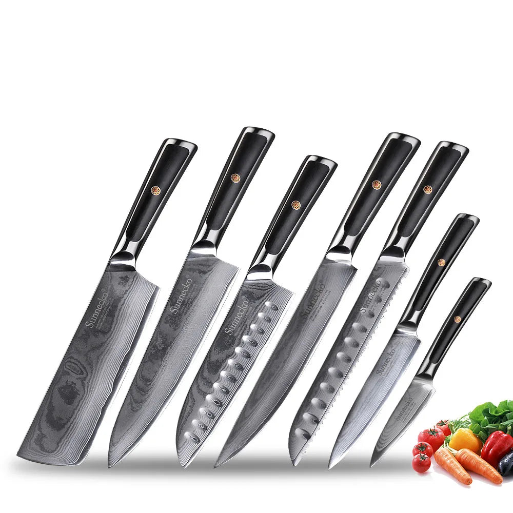 Sunnecko Damascus Steel Chef Knife Set – 73-Layer VG10 1–8pc Damascus Knife Set Axl 7PCS Knife Set China Mainland
