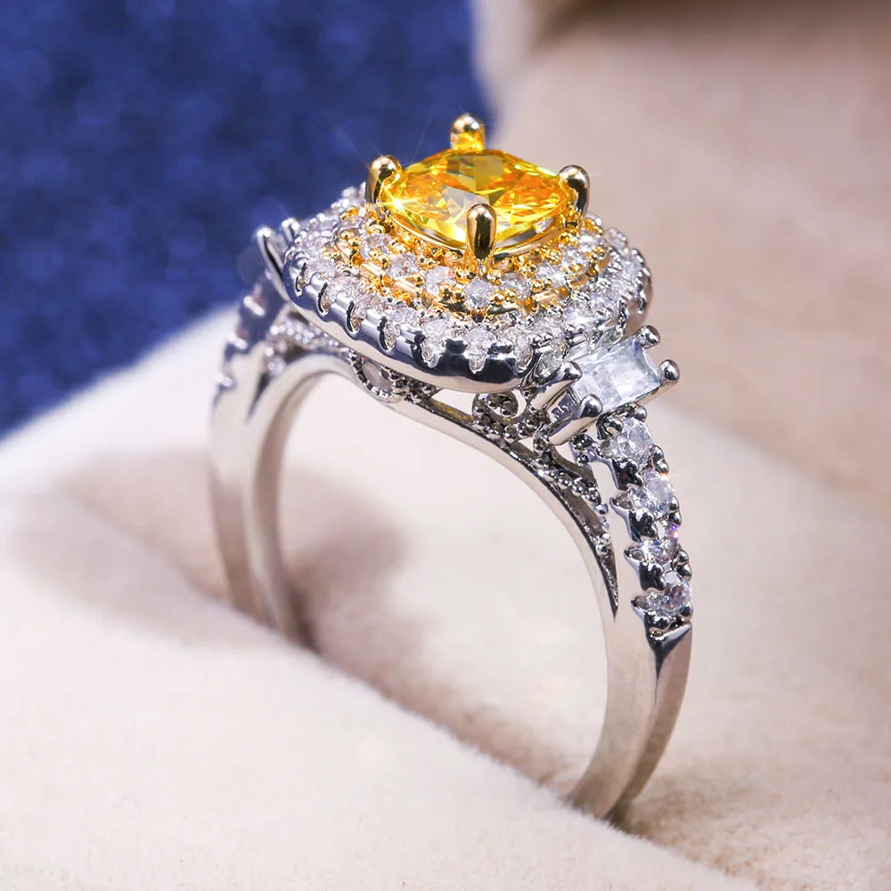 Huitan Yellow Cubic Zirconia Engagement Ring – Silver Plated Fashion Engagement Ring Axl