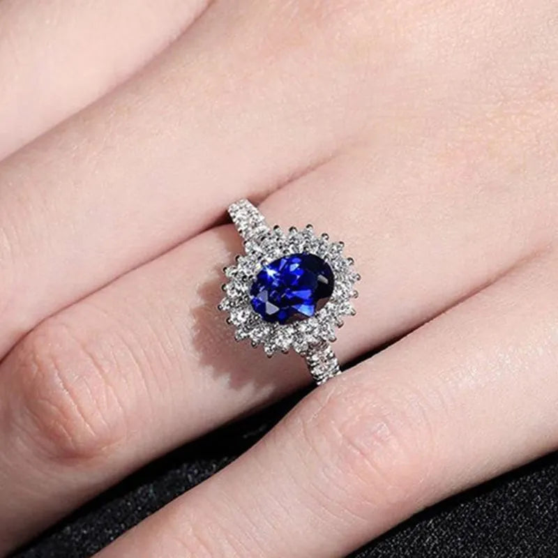 Huitan Blue Oval CZ Wedding Ring – Women's Fashion Jewelry Fashion Ring Axl Blue Silver Plated 8