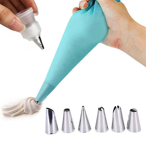 Silicone Piping Bag & 6 Nozzle Cake Decorating Set – 8 Piece Cake Decorating Set Axl BLUE