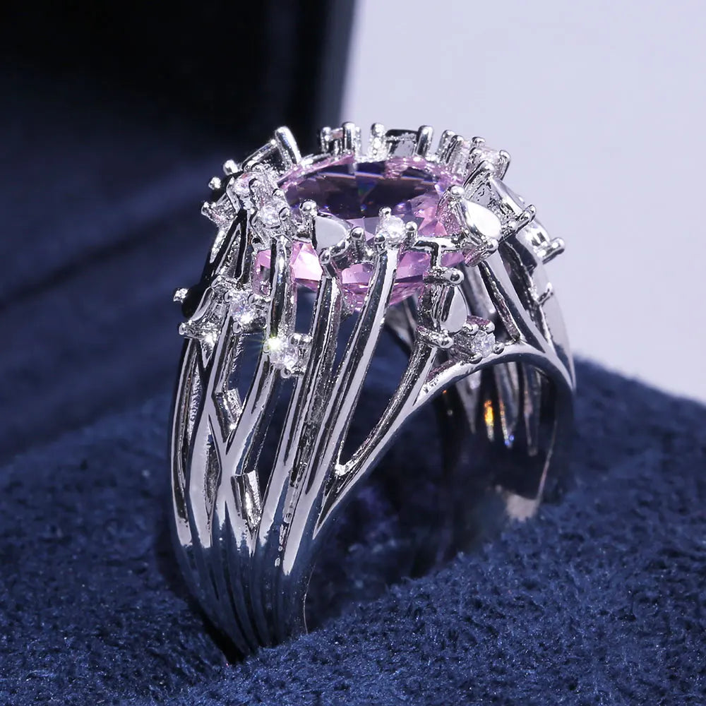 Huitan Pink Stone Twig Band Ring | Women's Fashion Jewelry Fashion Ring Axl Pink Silver Plated 6