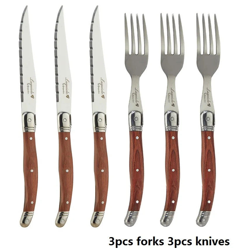 Laguiole-Style 6pc Steak Knife & Fork Set | Rosewood Handle Steak Knife Fork Set Axl 3pc Fork 3pc Knives