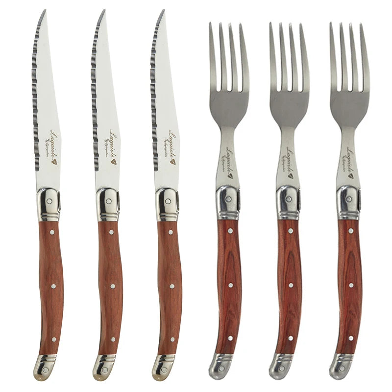 Laguiole-Style 6pc Steak Knife & Fork Set | Rosewood Handle Steak Knife Fork Set Axl