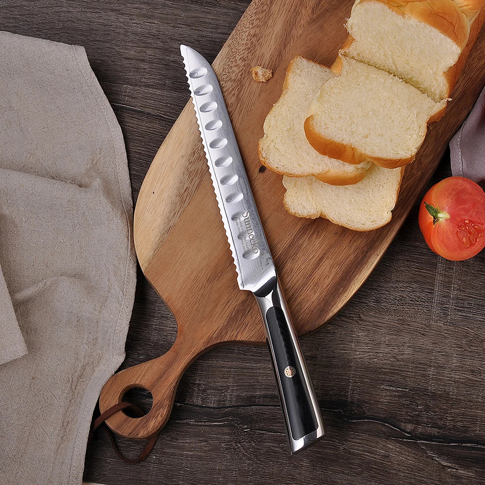 Sunnecko 8" Damascus Serrated Bread Knife – 73-Layer VG10 Steel Serrated Bread Knife Axl
