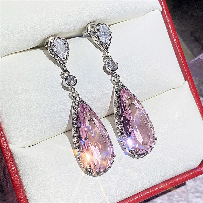 Huitan Pink CZ Water Drop Dangle Earrings | Wedding & Party Dangle Earrings Axl