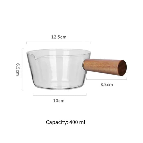 KEMORELA Glass Milk Pot Wooden Handle – 400ml/600ml Saucepan Glass Saucepan Axl 400ML 0-1000ml