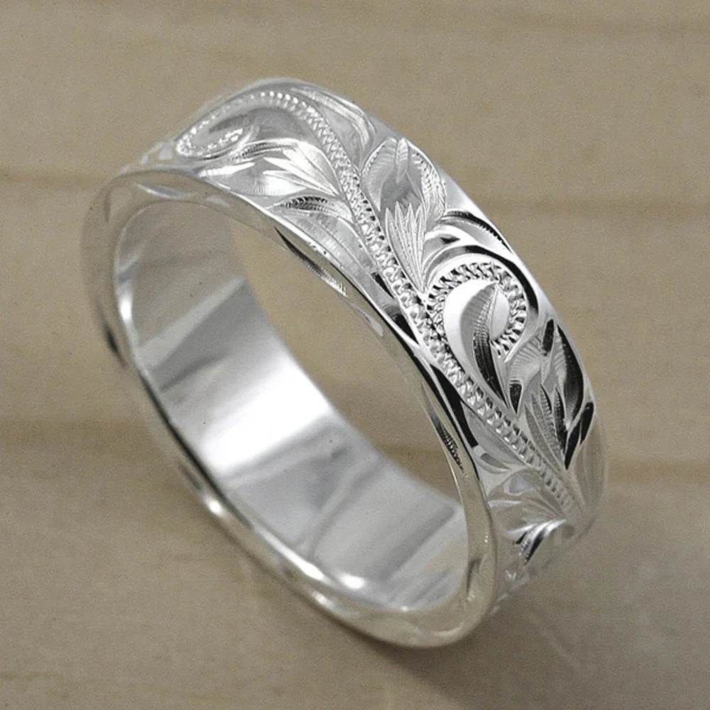 Huitan Carved Couple Rings – Silver Band, Sizes 5–14 | Fashion Fashion Couple Ring Axl