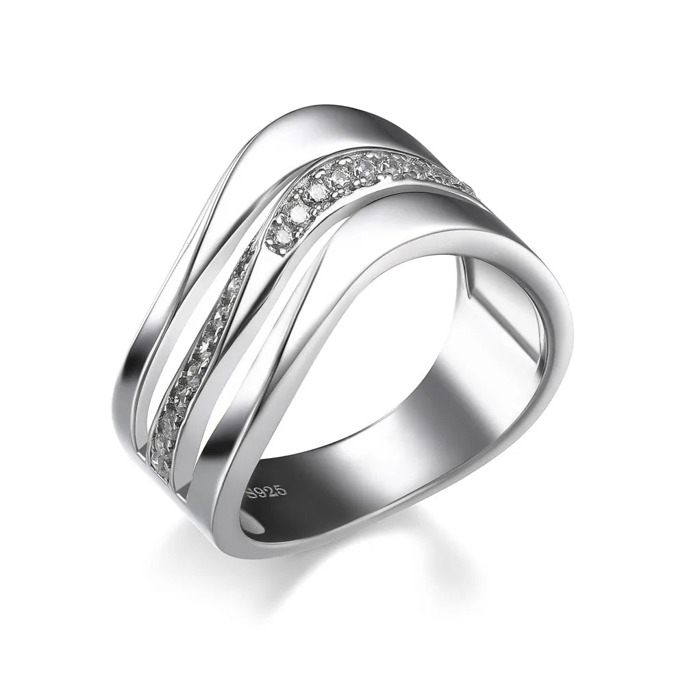 Huitan Silver Wave Ring – Cubic Zirconia Women's Band Fashion Ring Axl