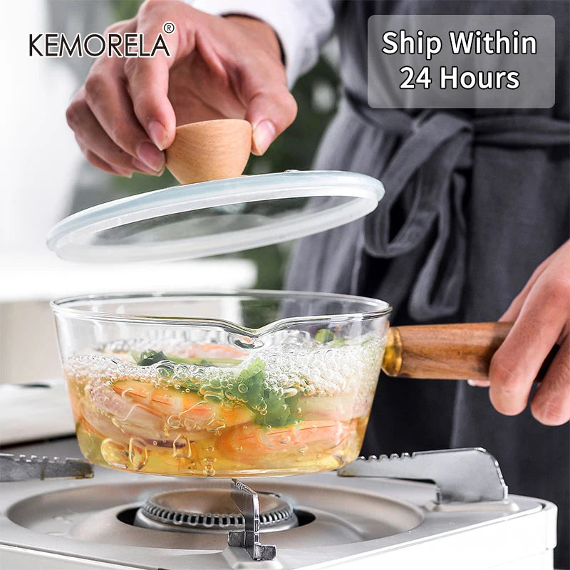 KEMORELA Glass Milk Pot Wooden Handle – 400ml/600ml Saucepan Glass Saucepan Axl