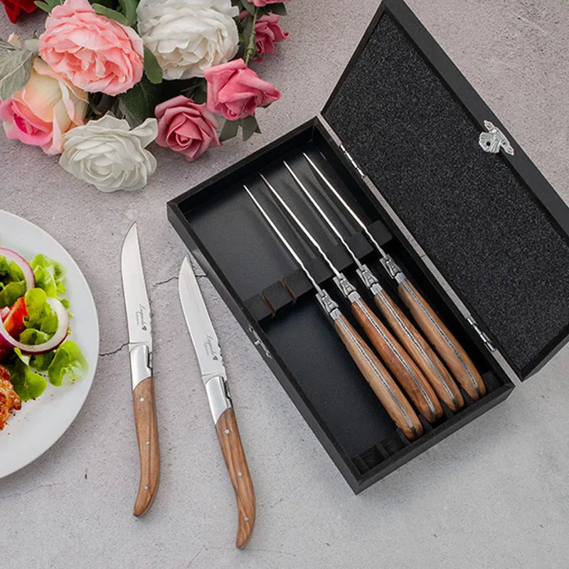 Laguiole-Style 6pc Steak Knife & Fork Set – Rosewood Handle Steak Knife Fork Set Axl
