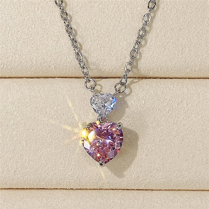 Huitan Double Heart CZ Pendant Necklace – Pink & Yellow Zirconia CZ Pendant Necklace Axl