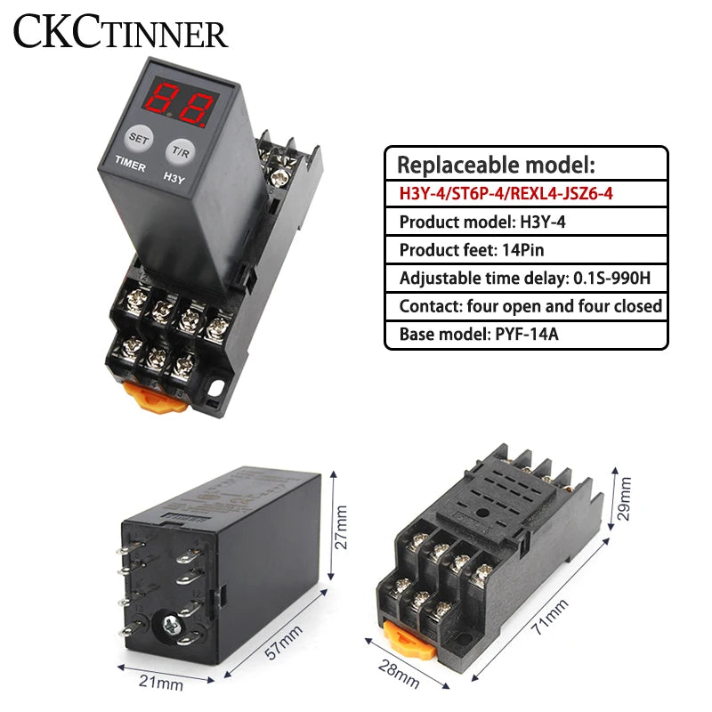 H3Y-2/H3Y-4 Digital Time Relay + Base Socket | 12V–220V Digital Time Relay Axl