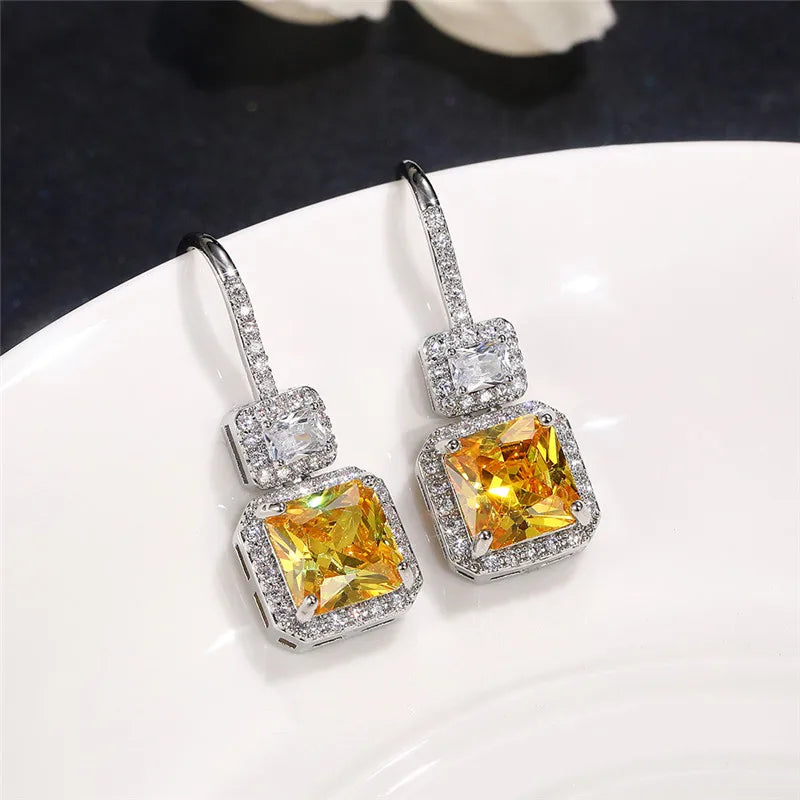 Huitan Yellow Cubic Zirconia Square Drop Earrings for Women Drop Earrings Axl