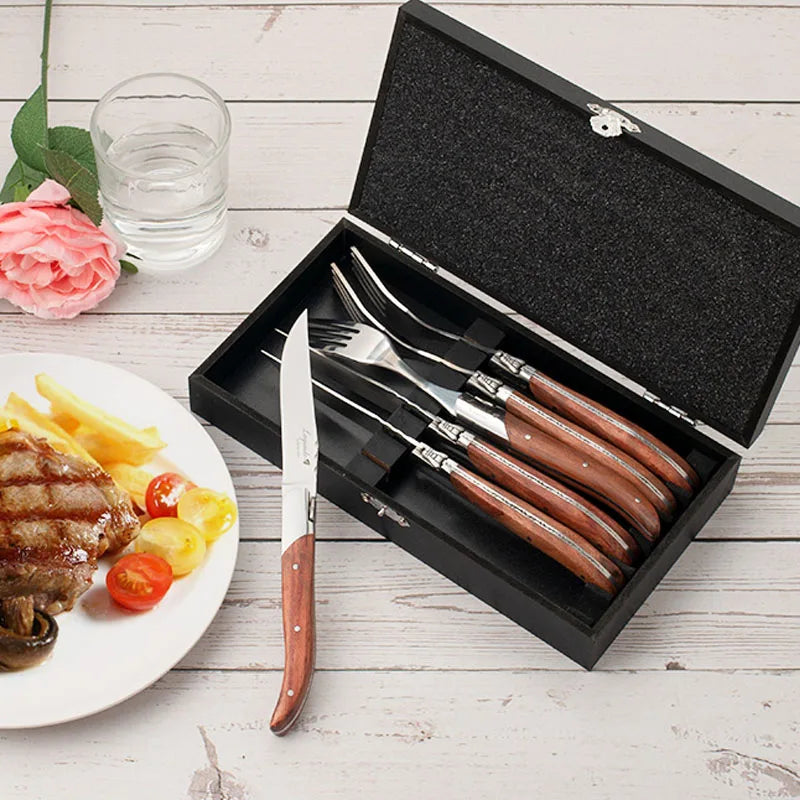 Laguiole-Style 6pc Steak Knife & Fork Set – Rosewood Handle Steak Knife Fork Set Axl