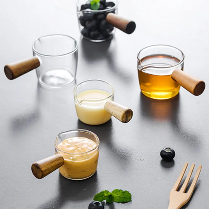 Japanese Glass Sauce Dish with Acacia Wood Handle | KEMORELA Glass Dipping Bowl Axl
