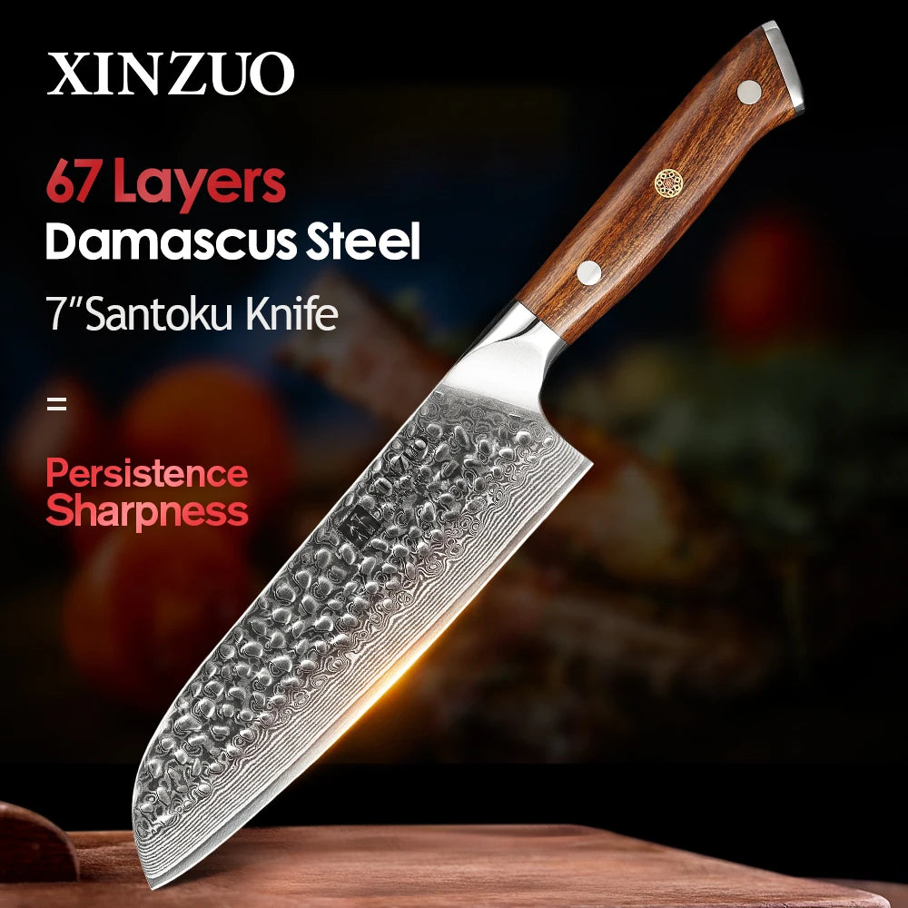 XINZUO 7" VG10 Damascus Santoku Knife – Desert Ironwood Handle Santoku Knife Axl 7 inch