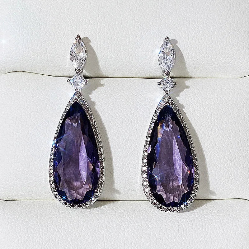 Huitan Purple CZ Teardrop Drop Earrings | Silver Tone Women's Drop Earrings Axl