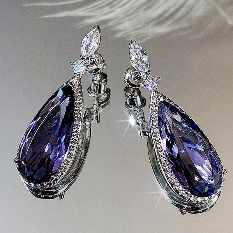 Huitan Purple CZ Teardrop Drop Earrings – Silver-Tone Women's Jewelry Drop Earrings Axl