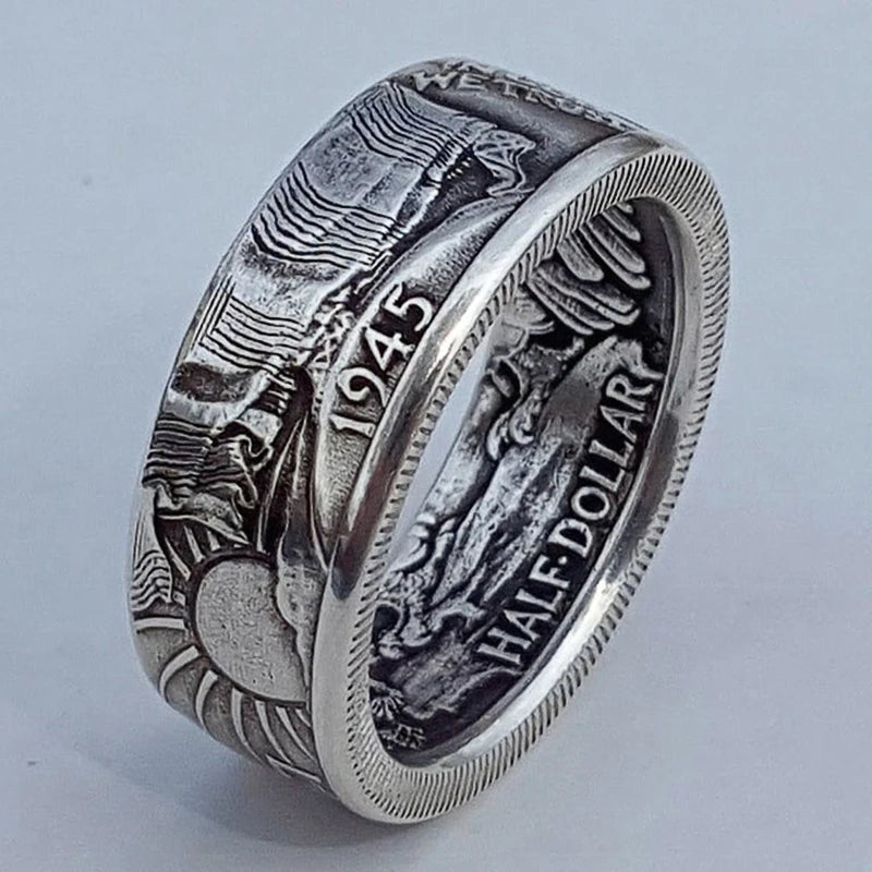 Huitan 1945 Half Dollar Vintage Men's Ring | Zinc Alloy Men's Fashion Ring Axl