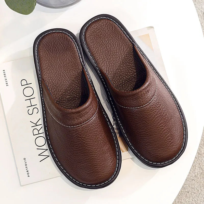 Lorilury Non-Slip Waterproof Indoor Leather Slippers Men Women Indoor Slippers Axl Brown CN35-36